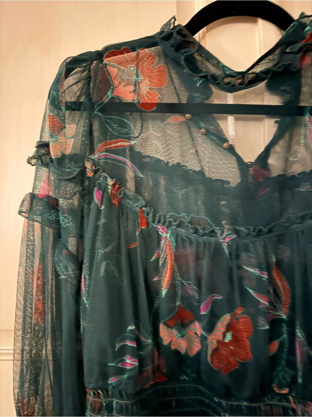 Free People Sheer Floral Dark Teal Long-Sleeve Blouse